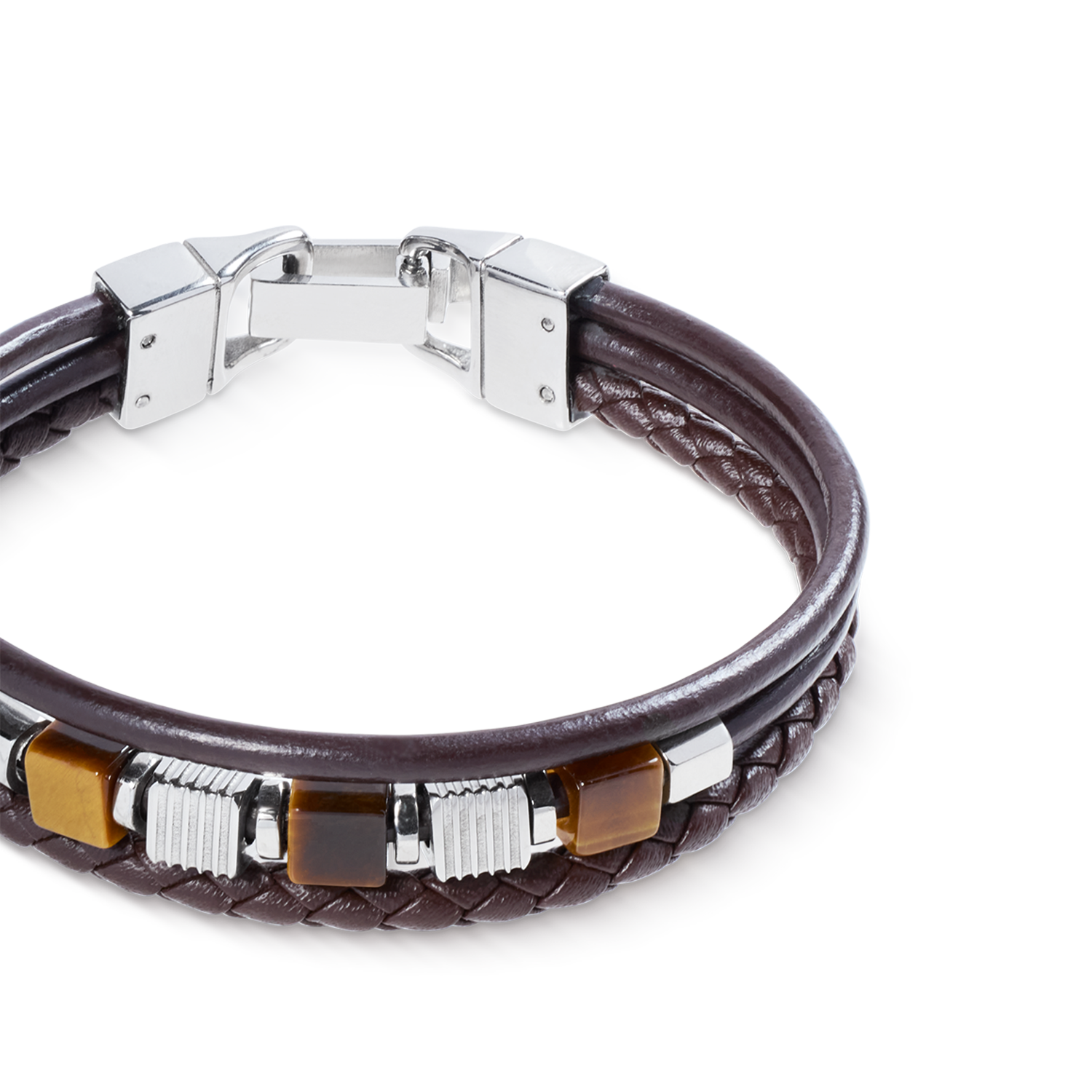 Brown Leather Bracelet 3-Strand with Tiger’s Eye and Graphic Relief Stainless Steel Cubes