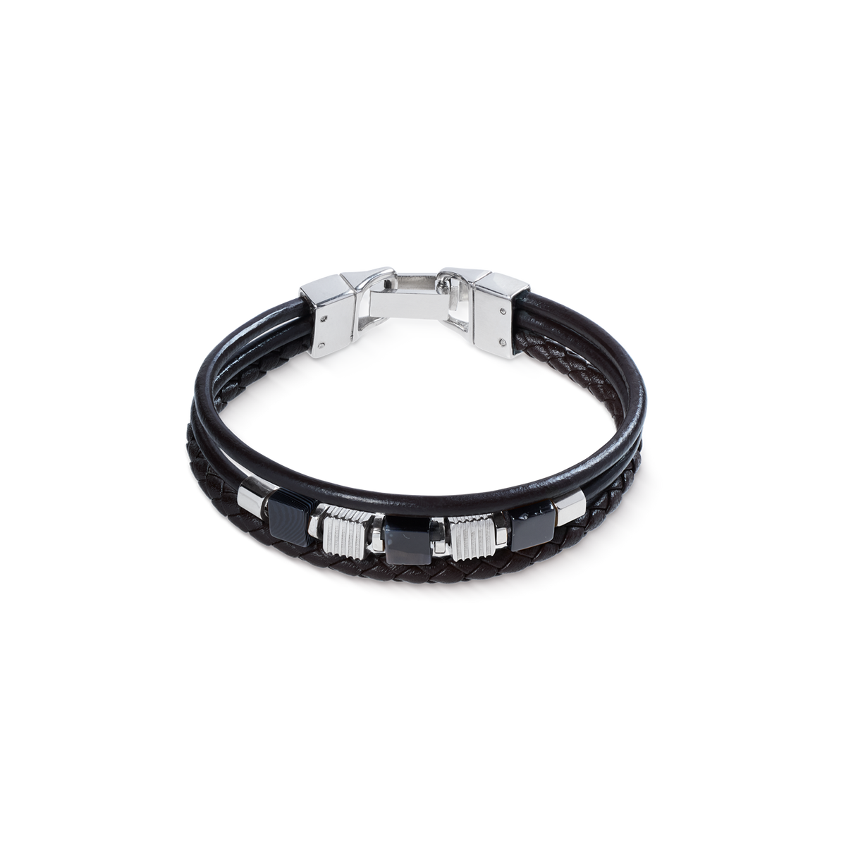 Black Leather Bracelet 3-Strand with Banded Onyx and Graphic Relief Stainless Steel Cubes