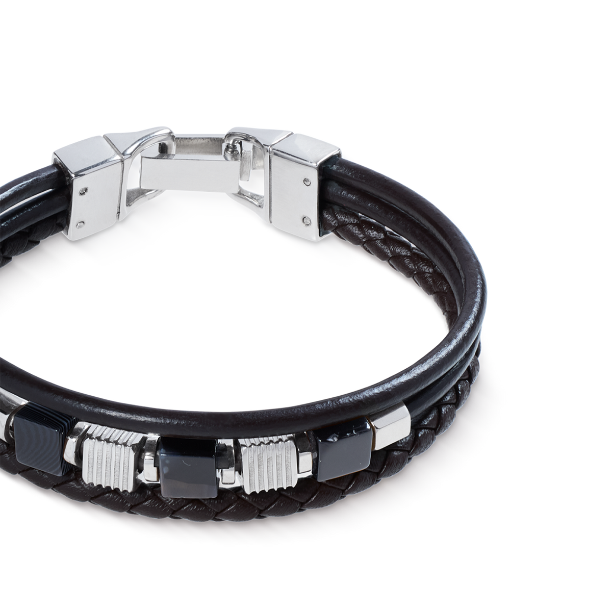 Black Leather Bracelet 3-Strand with Banded Onyx and Graphic Relief Stainless Steel Cubes