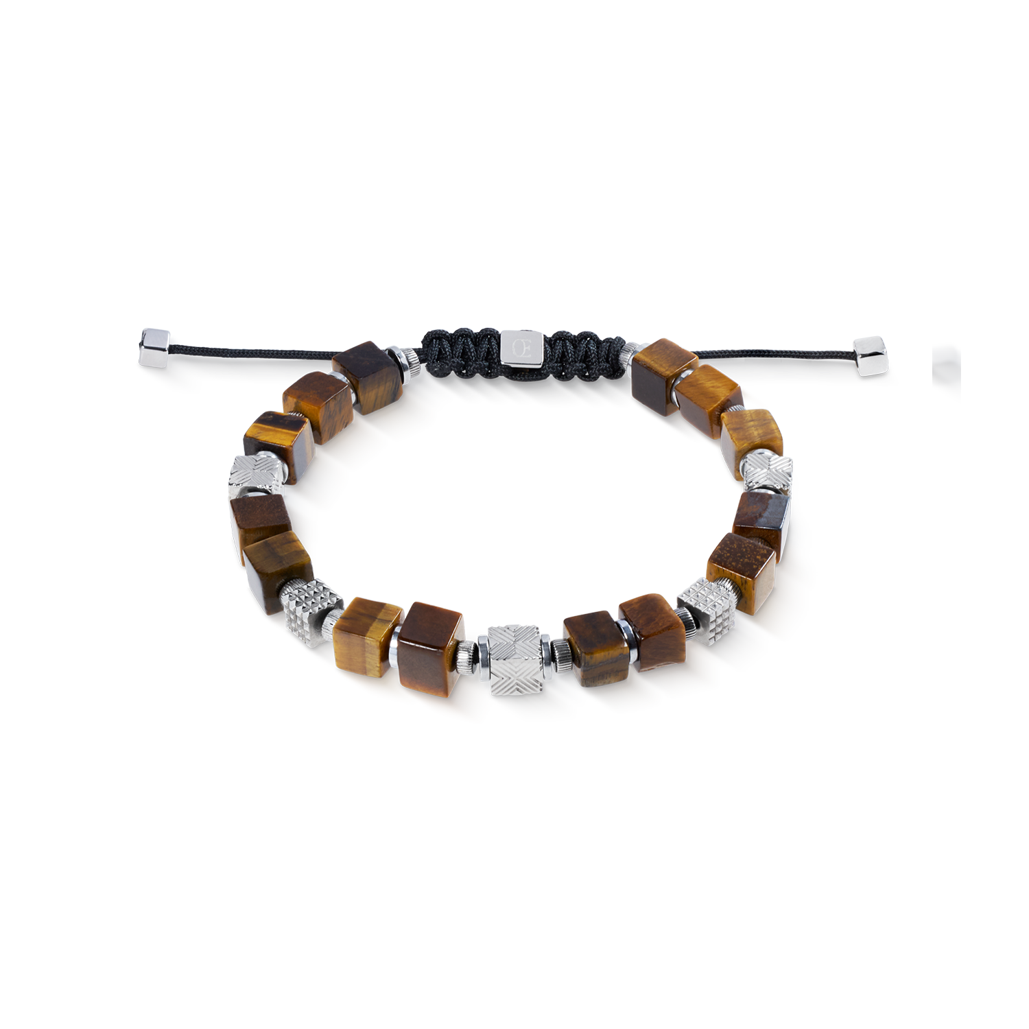 Tiger Eye Cubes Bracelet with Graphic Relief Stainless Steel Cubes and Adjustable Textile Closure
