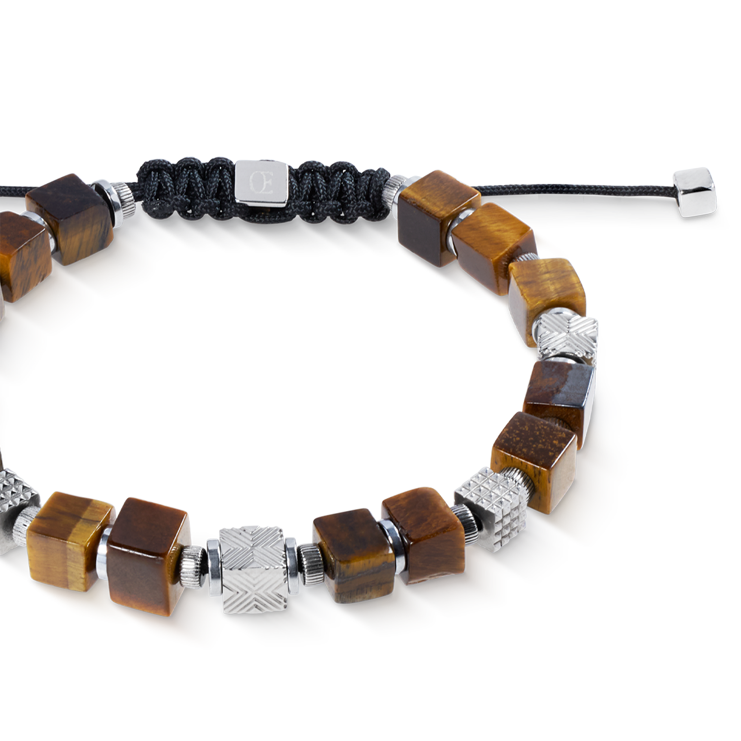 Tiger Eye Cubes Bracelet with Graphic Relief Stainless Steel Cubes and Adjustable Textile Closure