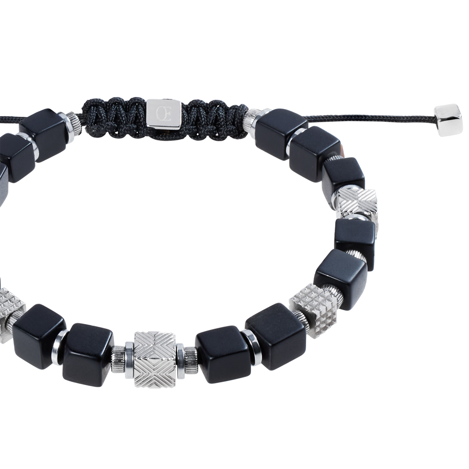 Onyx Cubes Bracelet with Graphic Relief Stainless Steel Cubes and Adjustable Textile Closure