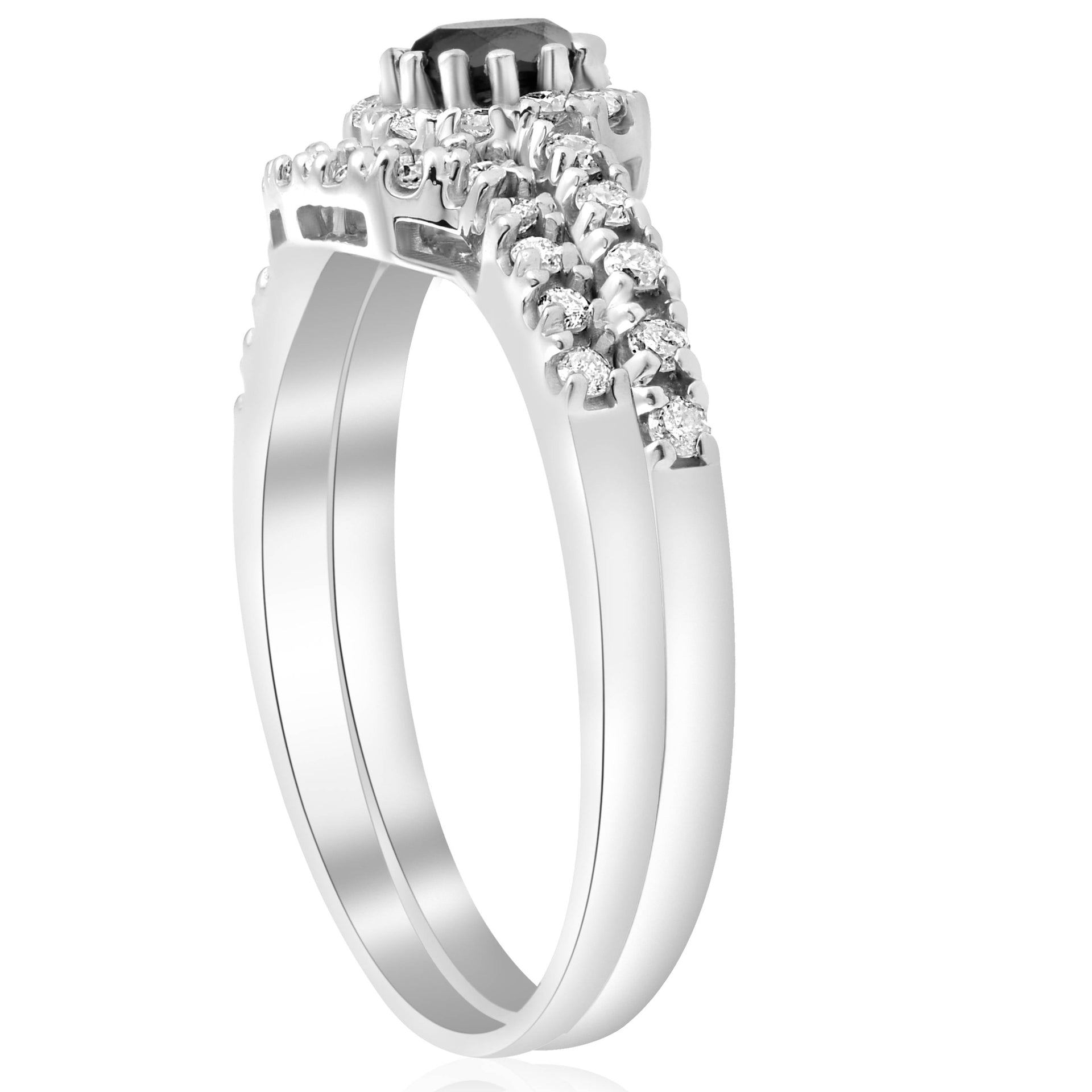 7/8 ct Black Pave Halo Diamond Vintage Engagement Wedding Ring Set 14k White Gold