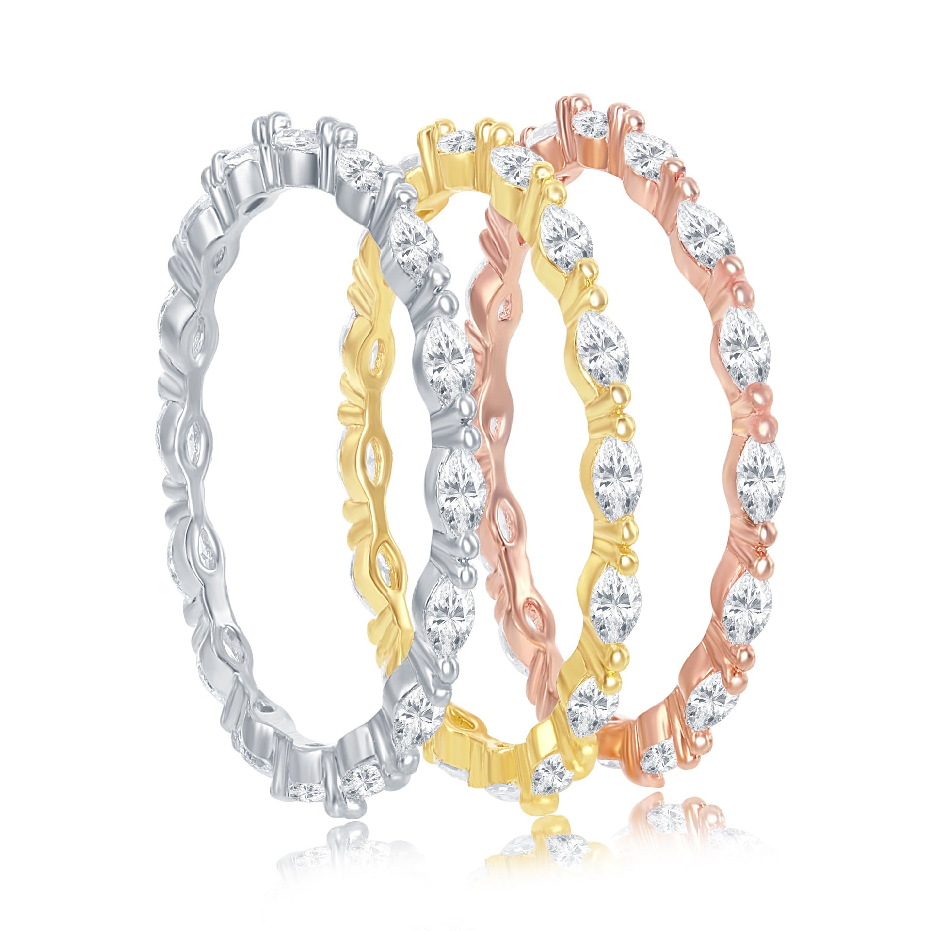 Sterling Silver Marquise CZ 2mm Eternity Triple Band Ring - Tri Color