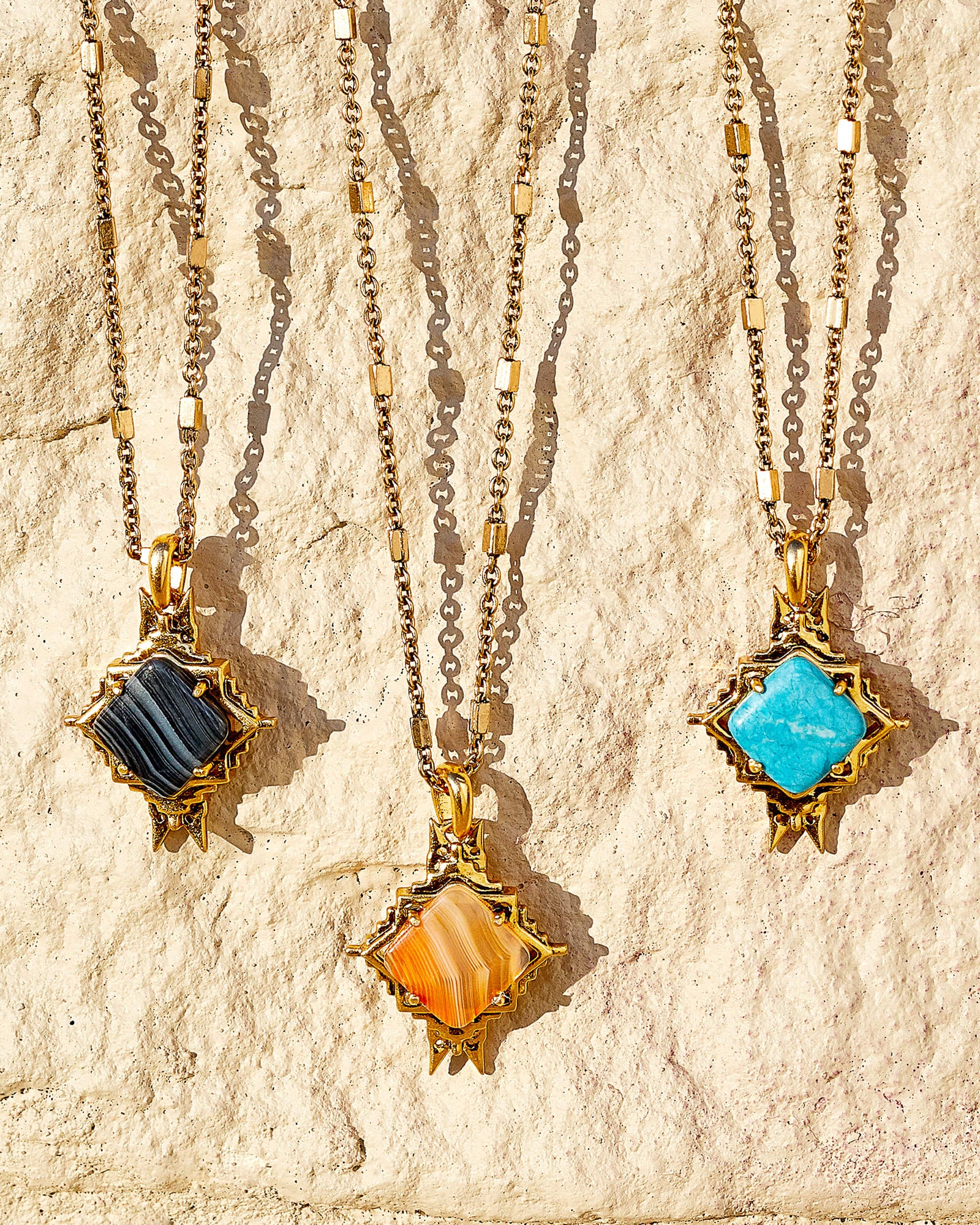 Cass Vintage Gold Long Pendant Necklace in Orange Banded