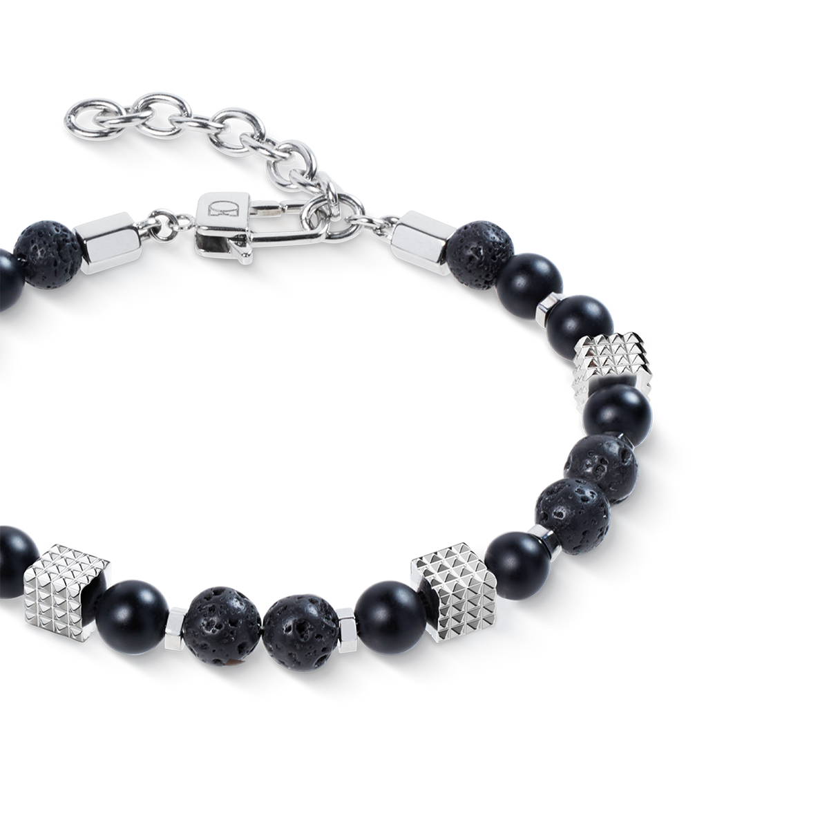 Onyx and Lava Bead Bracelet with Mini Spikes Cubes in Stainless Steel