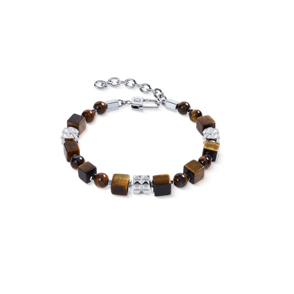 Tiger Eye Cube and Bead Bracelet with Stainless Steel Spikes Cubes