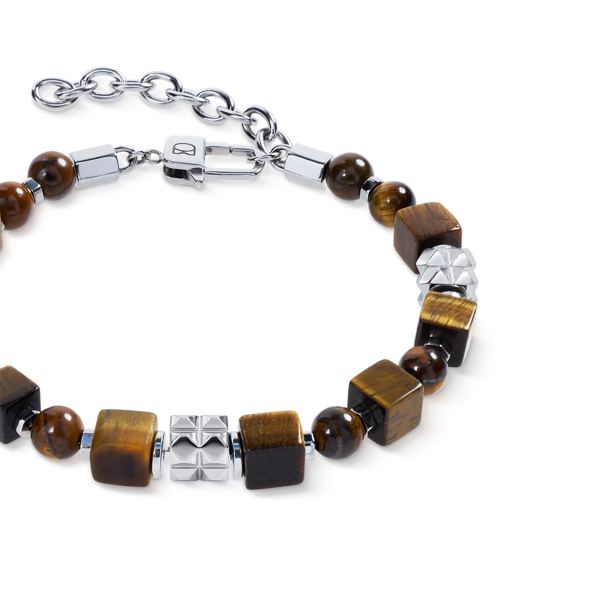 Tiger Eye Cube and Bead Bracelet with Stainless Steel Spikes Cubes