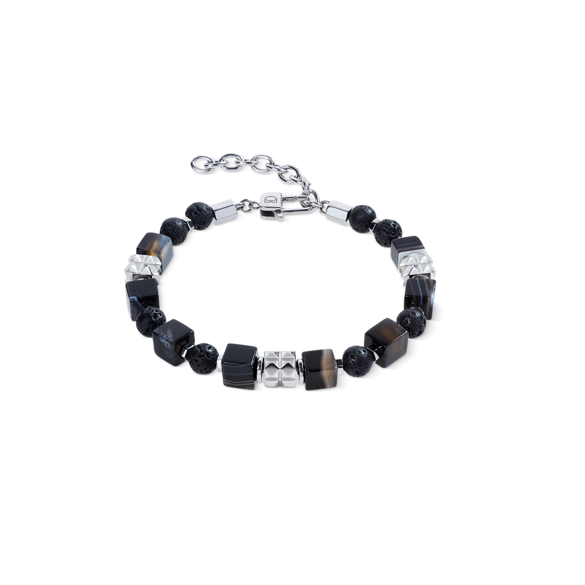 Striped Onyx Cube and Lava Bead Bracelet with Stainless Steel Spikes Cubes