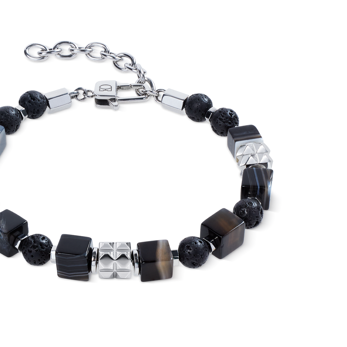 Striped Onyx Cube and Lava Bead Bracelet with Stainless Steel Spikes Cubes