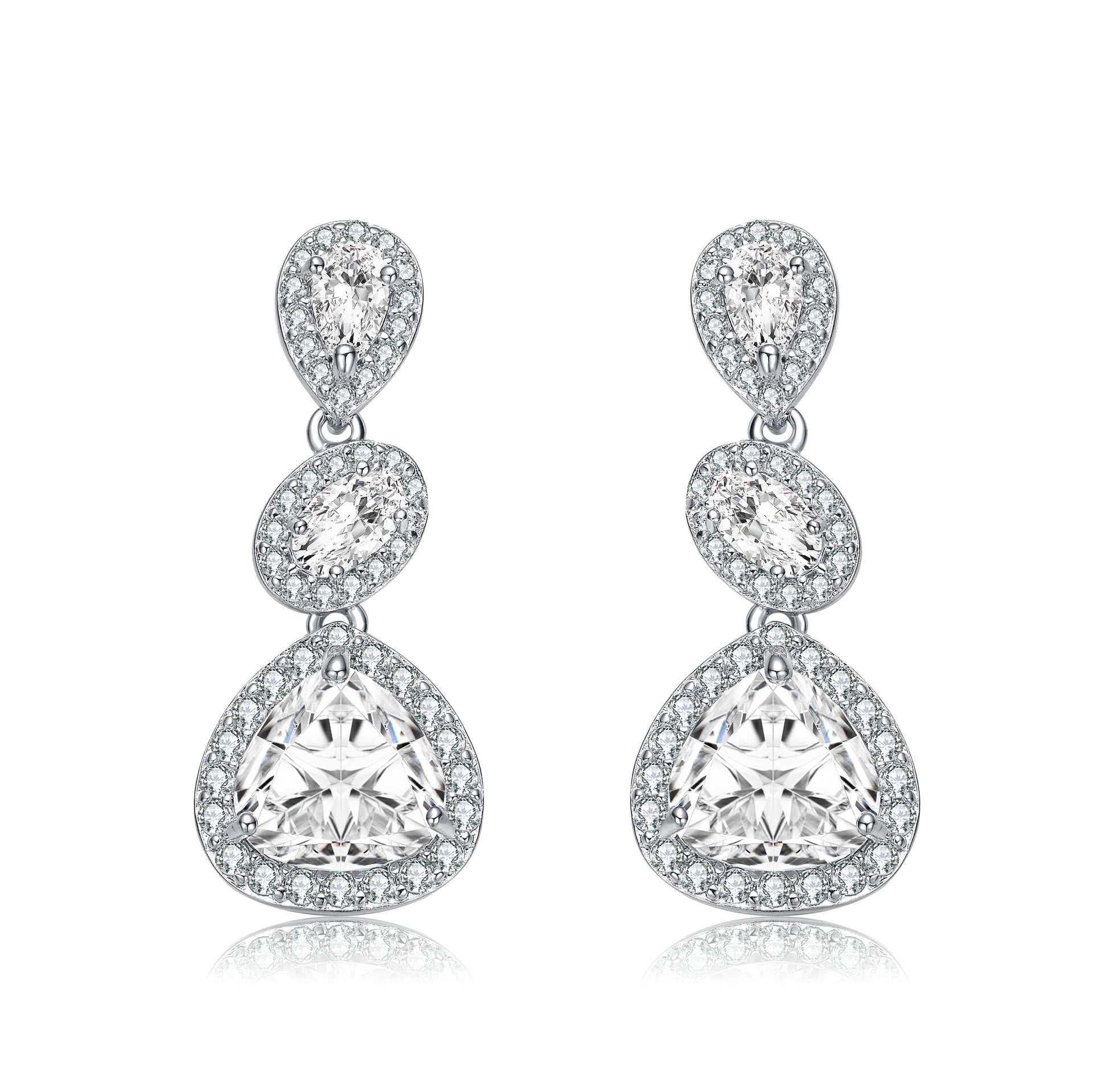 Sterling Silver Cubic Zirconia Halo Three Tier Drop Earrings