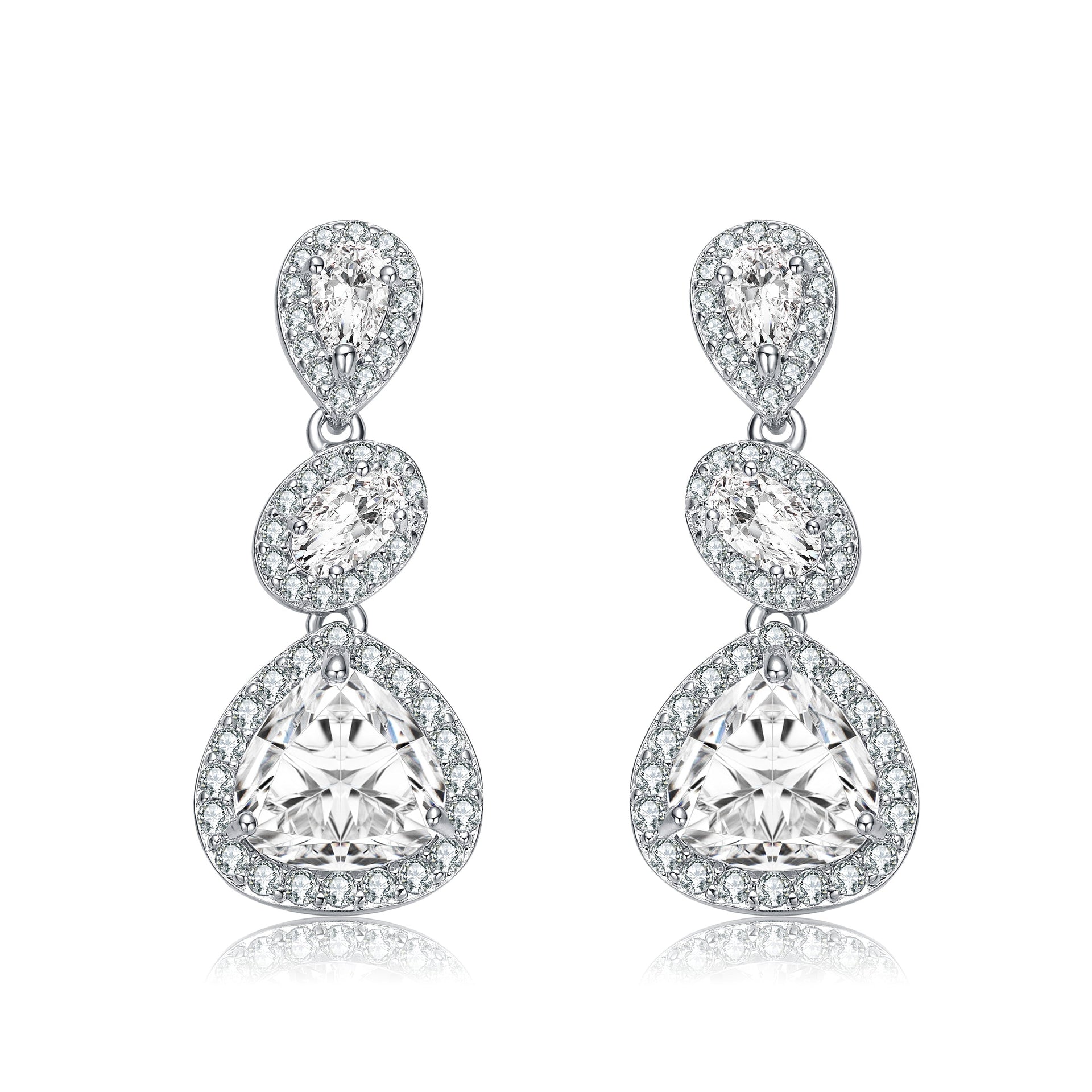 Sterling Silver Cubic Zirconia Halo Three Tier Drop Earrings