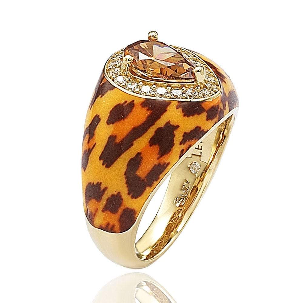 Suzy Levian Gold over Silver Brown Pear cut Cubic Zirconia Panther Animal Print Ring