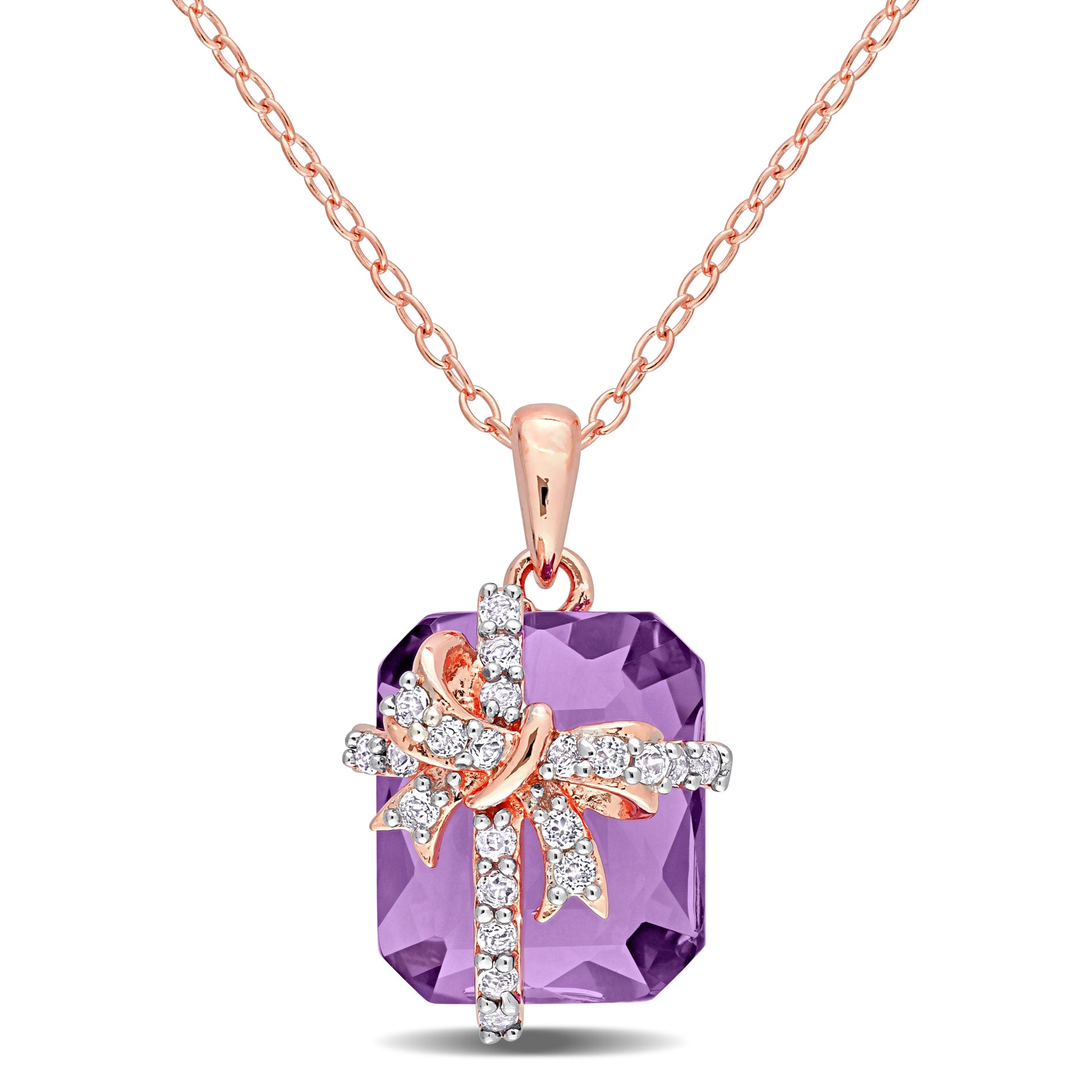 Mimi & Max 6 3/4 CT TGW Amethyst and White Topaz Pendant with Chain in Rose Plated Sterling Silver