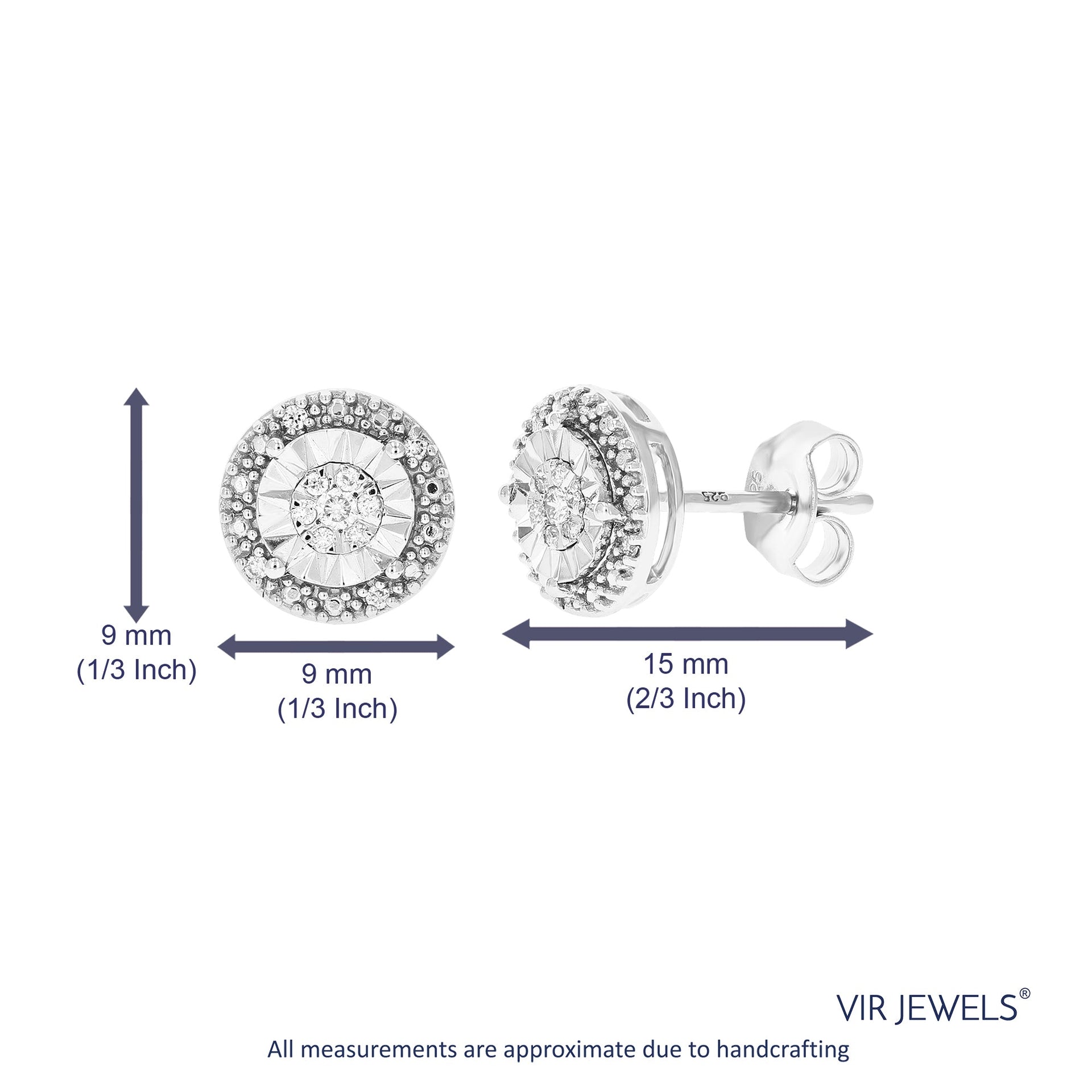 1/8 cttw 26 Stones Round Lab Grown Diamond Studs Earrings .925 Sterling Silver Prong Set 1/3 Inch