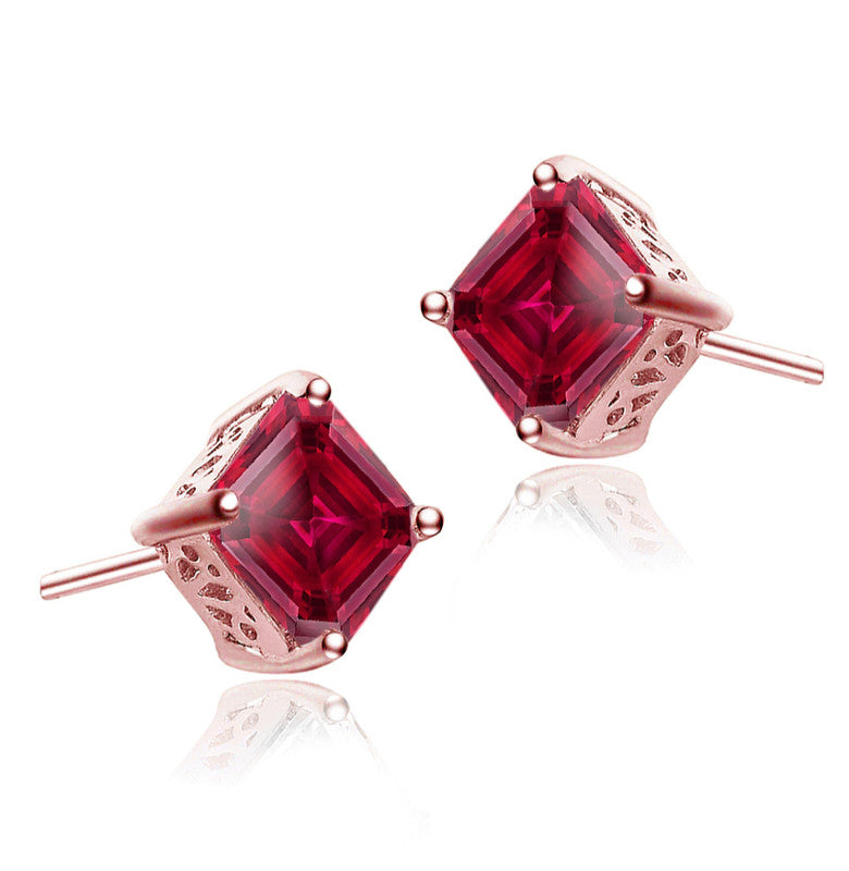 Sterling Silver With Colored Cubic Zirconia Square Stud Earrings