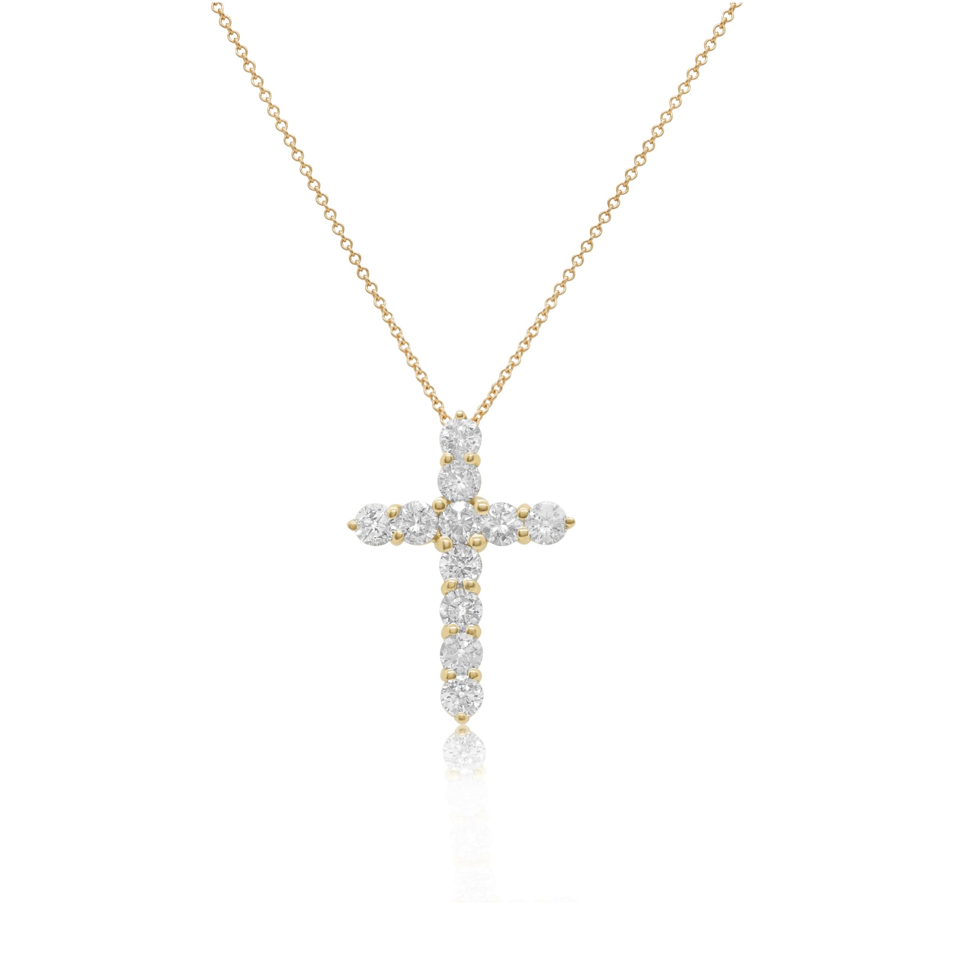 18kt yellow gold, 1' diamond cross pendant adorned with 3.50 cts tw of brilliant cut round diamonds