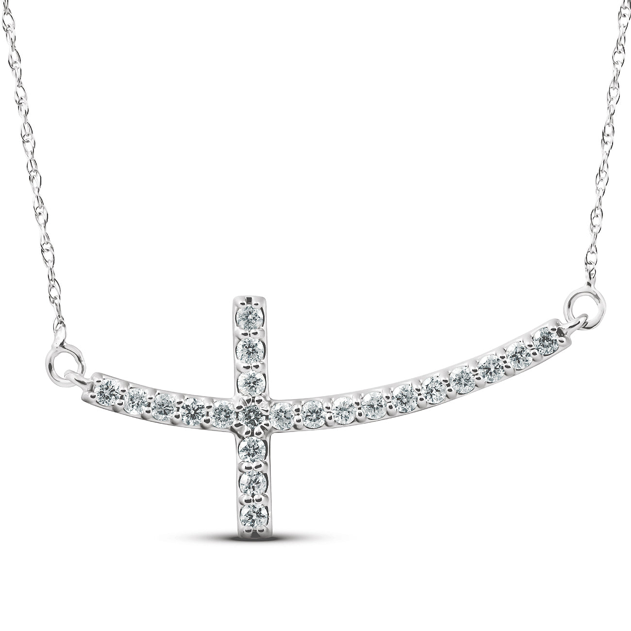 .30 CT Diamond Sideways Cross Pendant 14k White Gold & 18' Chain 1 1/4' Wide