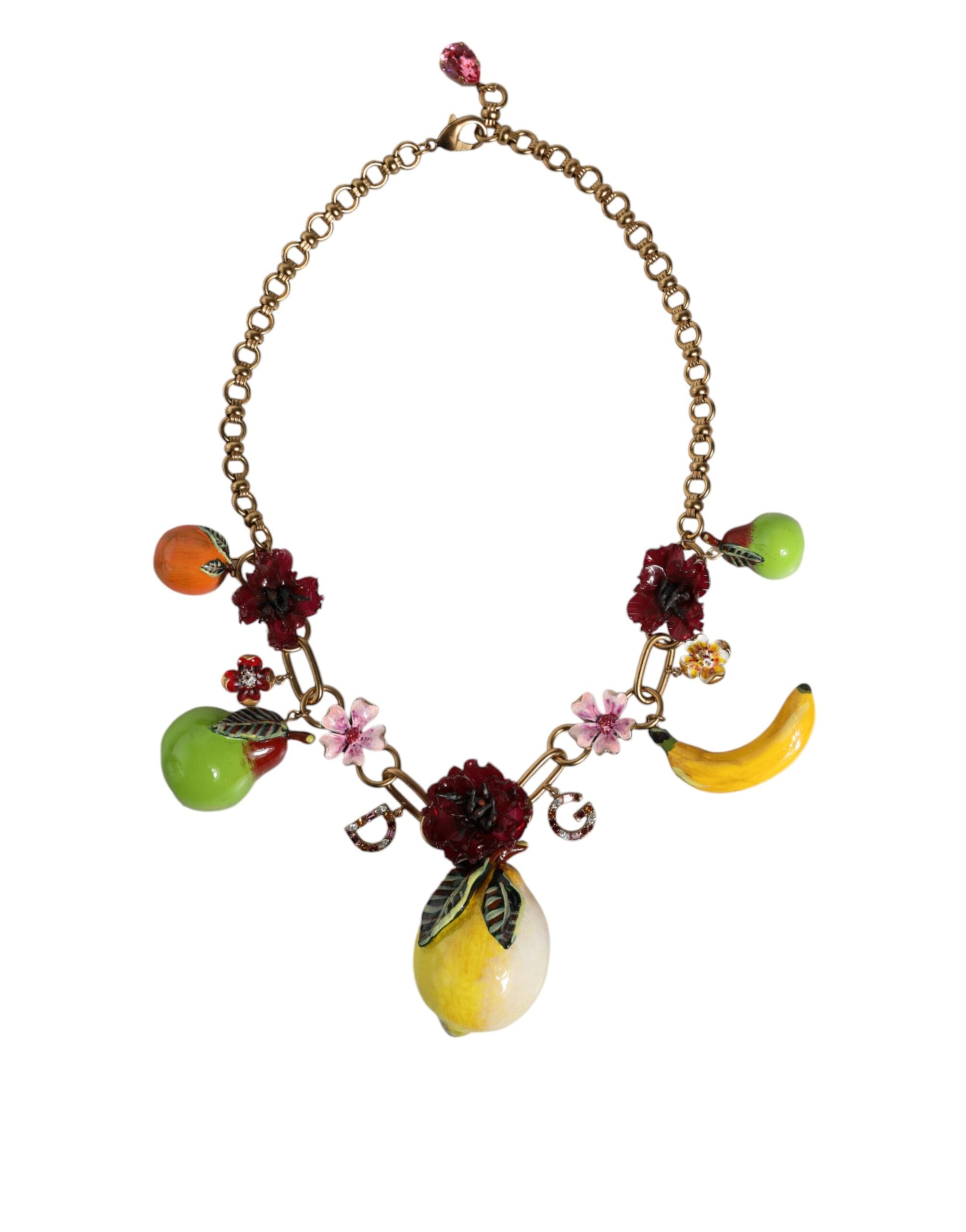 Dolce & Gabbana Brass FRUIT Pendants Flowers Crystal Logo Women's Neck