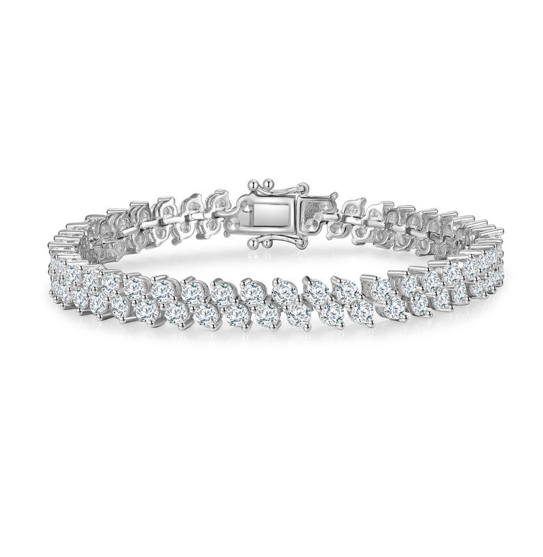 Sterling Silver with Clear Cubic Zirconia Icicle Cluster Double Row Tennis Bracelet