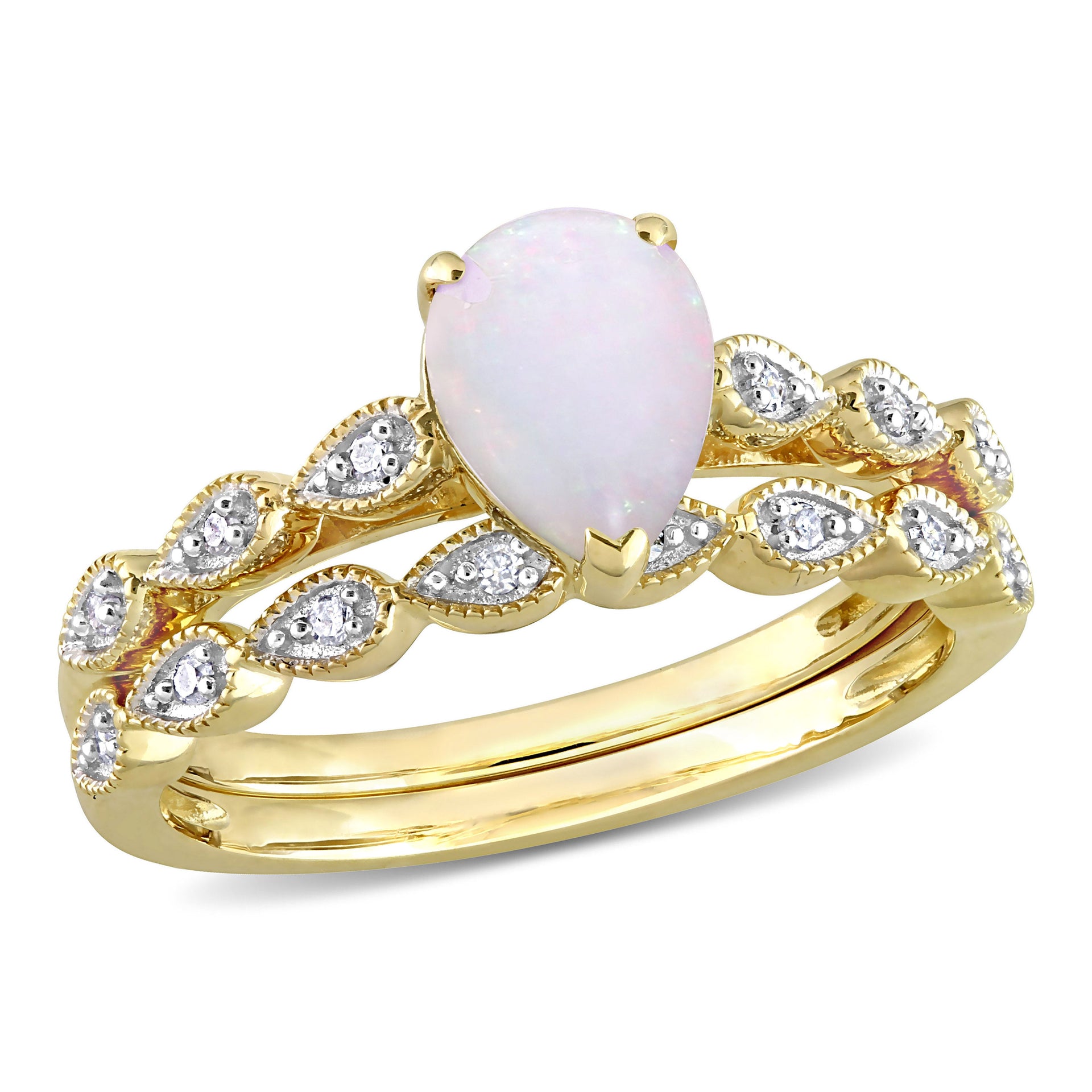 3/5 CT TGW Opal and Diamond Accent Vintage Design Bridal Ring Set in 10K Yellow Gold