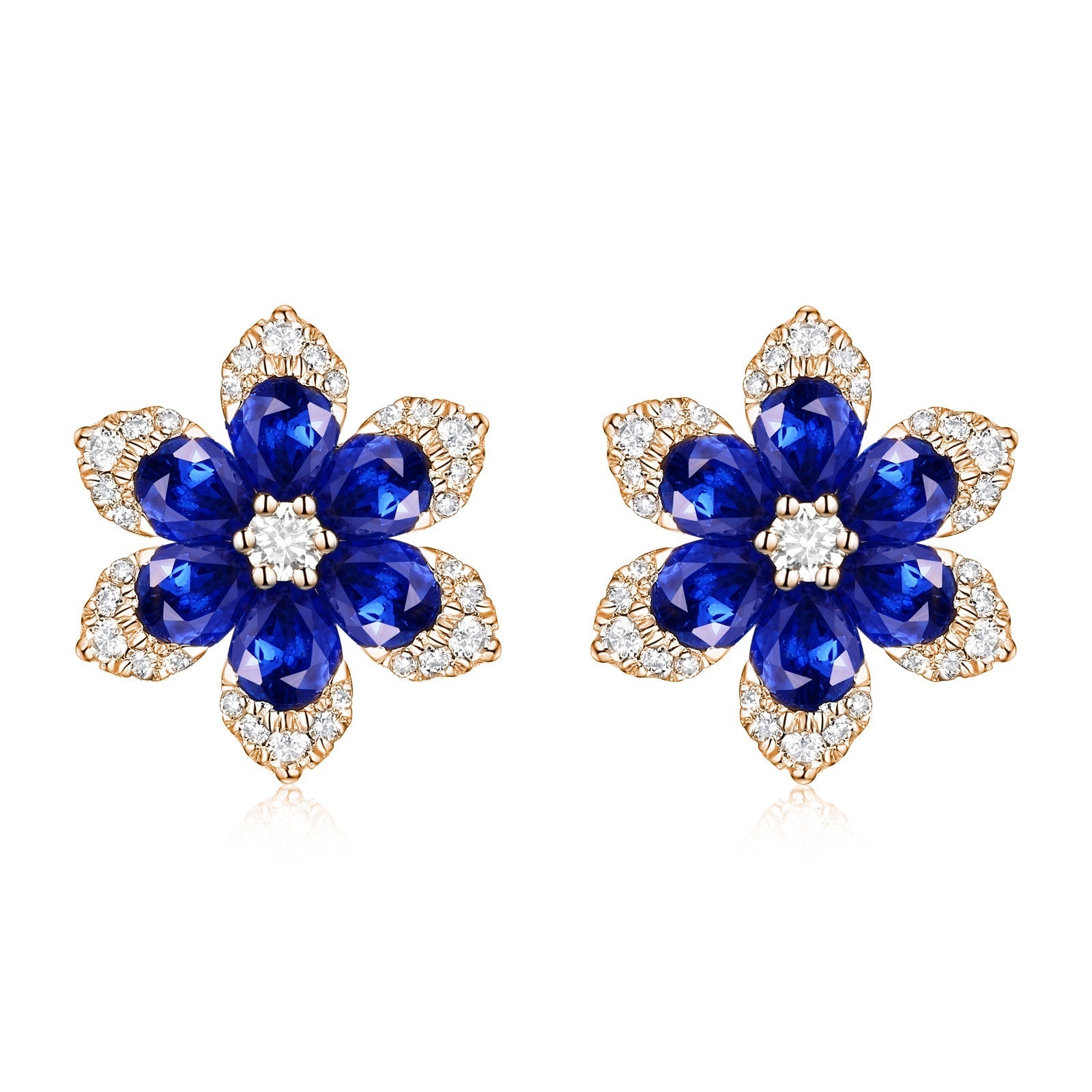 14k Gold Diamond & Sapphire Flower Stud Earrings