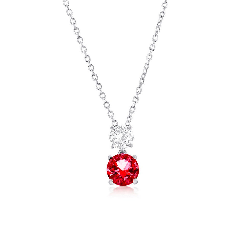 Sterling Silver Round CZ Dangle Necklace (Green, Blue, Or Red)