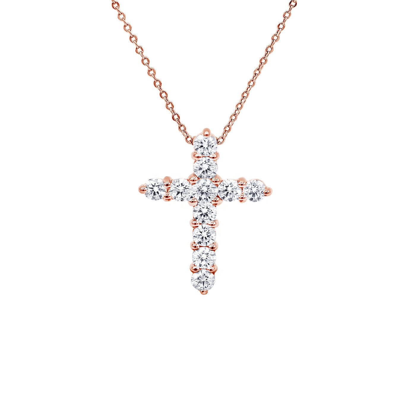 14kt rose gold diamond cross pendant adorned with 0.70 cts tw of brilliant cut round diamonds