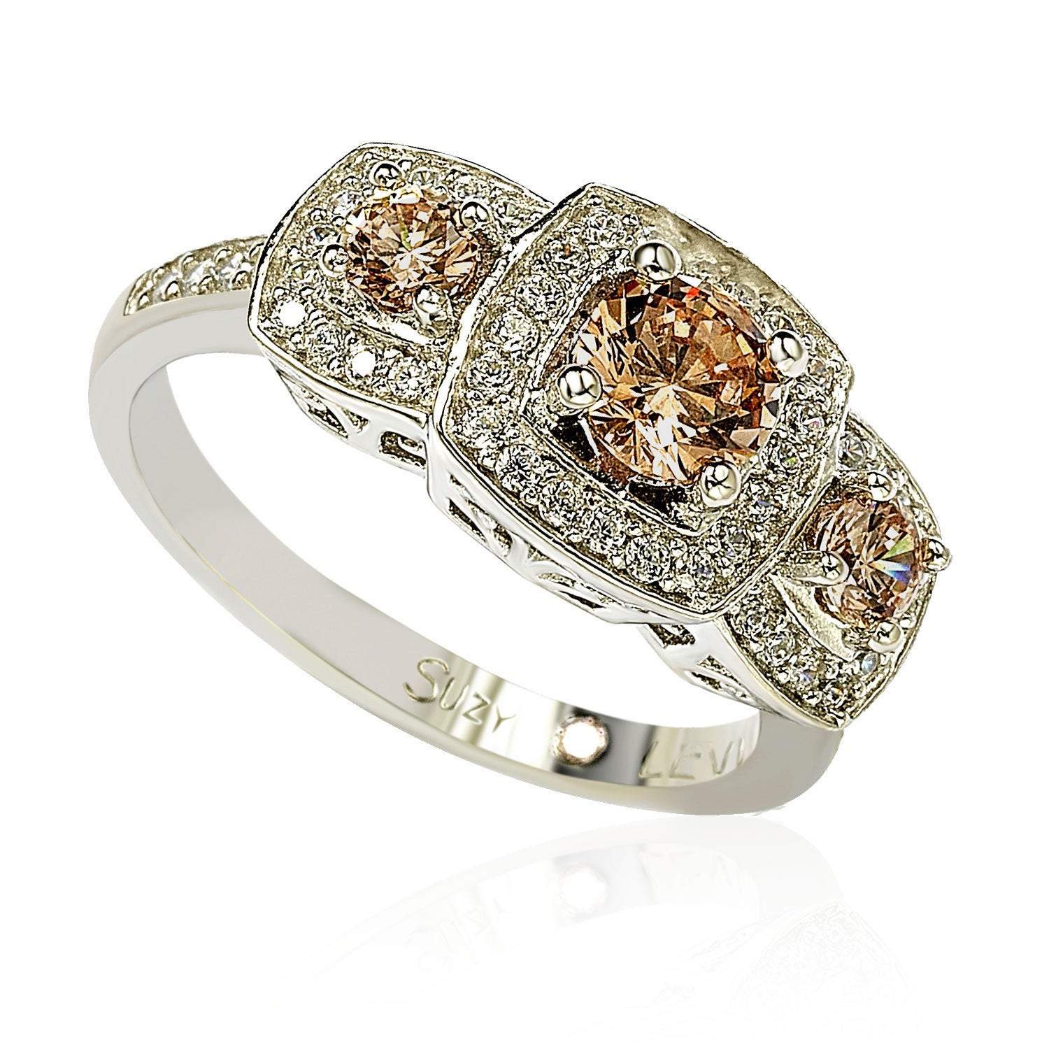 Suzy Levian Sterling Silver Cubic Zirconia Brown Three Stones Halo Engagement Ring