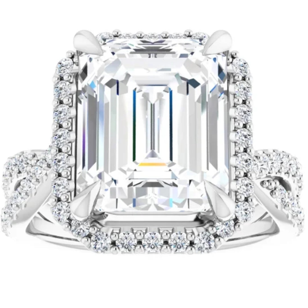 5 3/4 ct Emerald Cut Moissanite & Diamond Engagement Ring White Yellow Rose Gold
