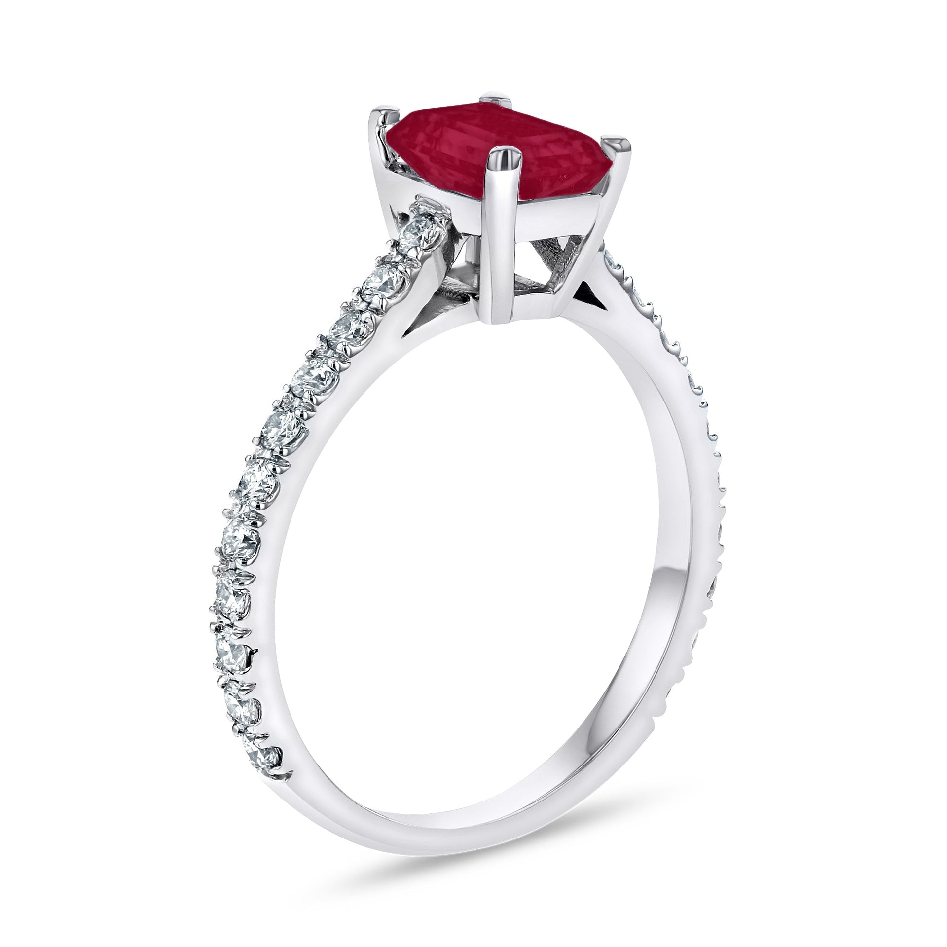0.36ctw Diamond and Emerald Cut Ruby Engagement Ring in 14k White Gold