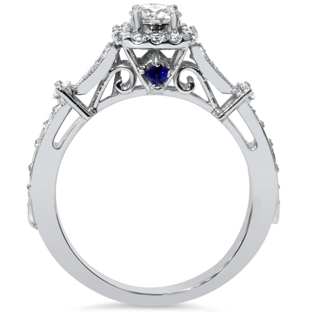 Verona 1ct Cushion Halo Diamond & Blue Sapphire Engagement Ring 14K White Gold