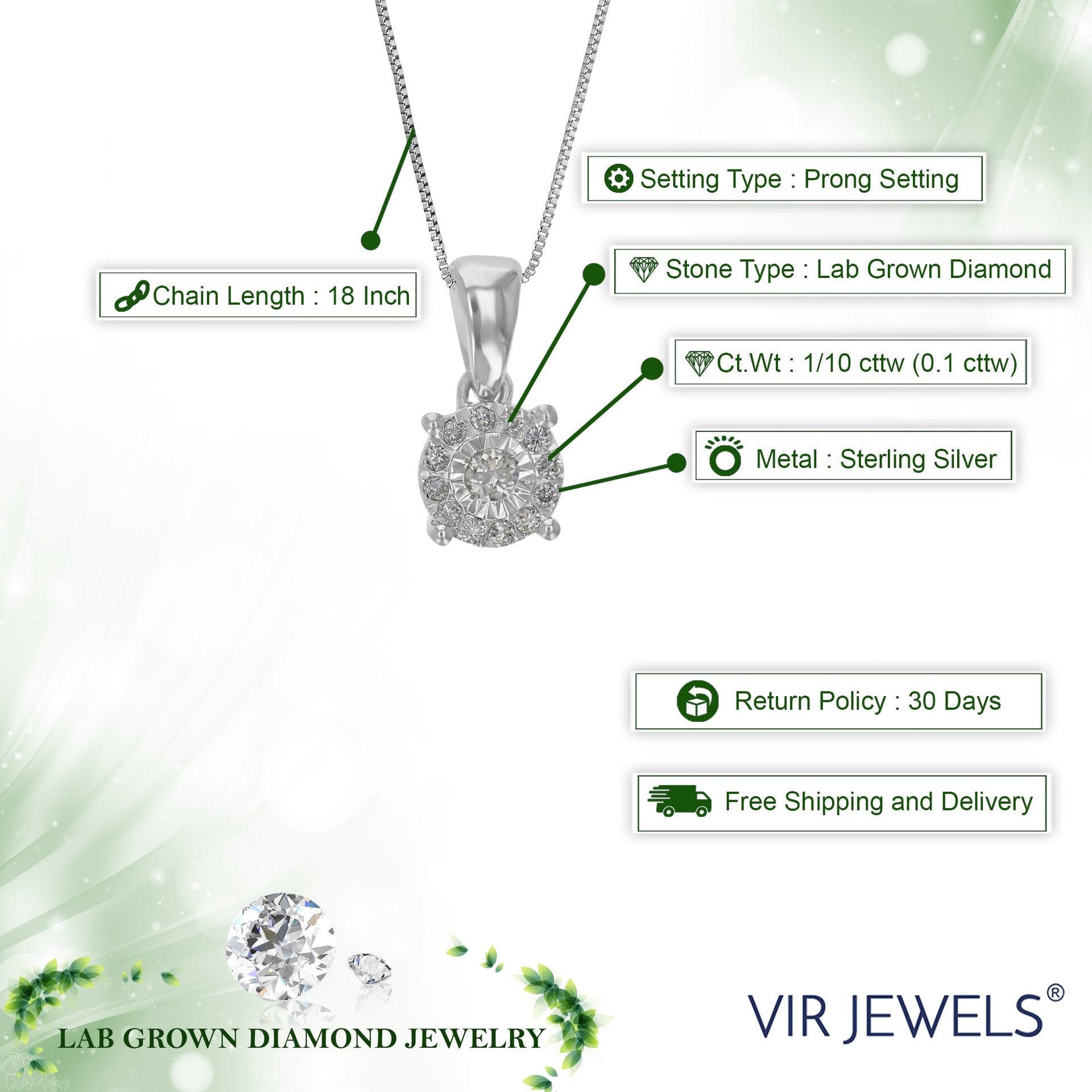 1/10 cttw Lab Grown Diamond Circle .925 Sterling Silver Pendant Necklace For Women 1/4 Inch With 18 Inch Chain