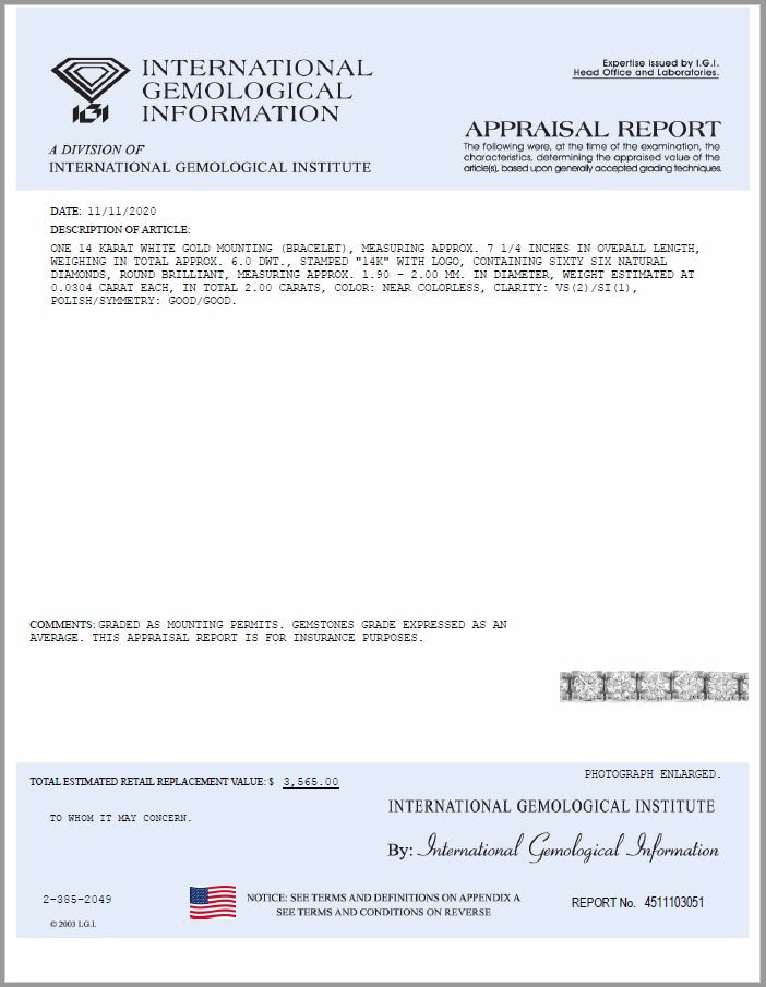 2 cttw I1-I2 Certified Diamond Bracelet 14K White Gold J-K Tennis Round 7 Inch