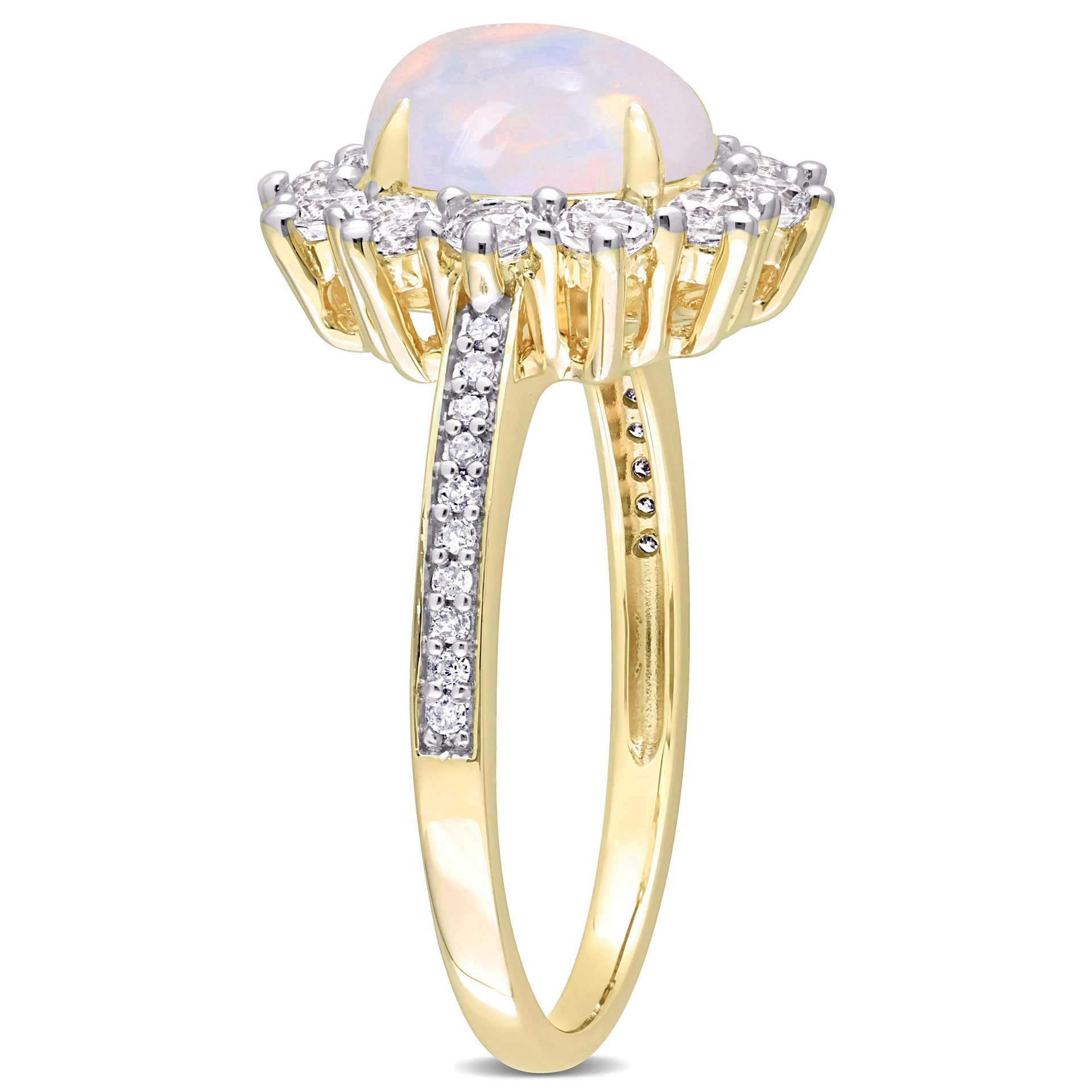 2 1/6 CT TGW Oval Shape Blue Ethiopian Opal and White Topaz and 1/10 CT TW Diamond Halo Ring in Yellow Plated Sterling Silver