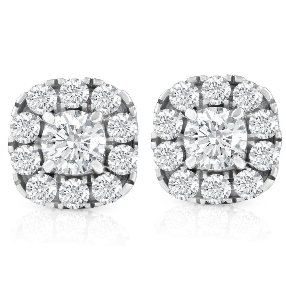 1 3/8 ct Cushion Halo Diamond Studs 14K White Gold