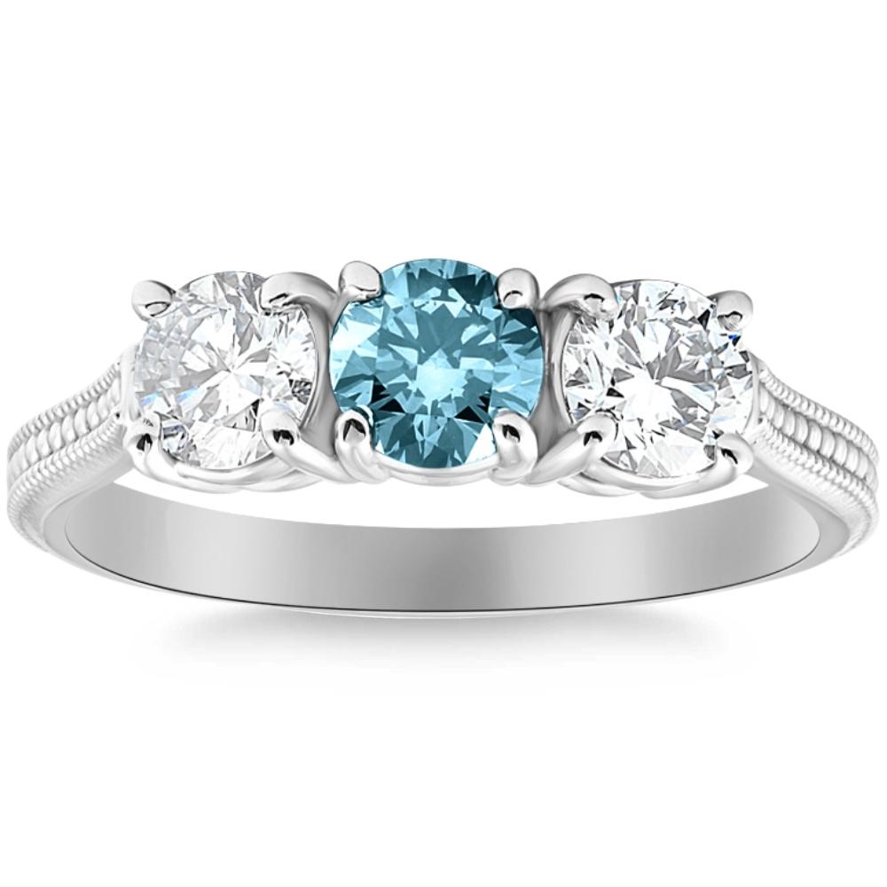 1 1/2 ct Blue Diamond Three Stone Vintage Accent Engagement Ring in 10k Gold