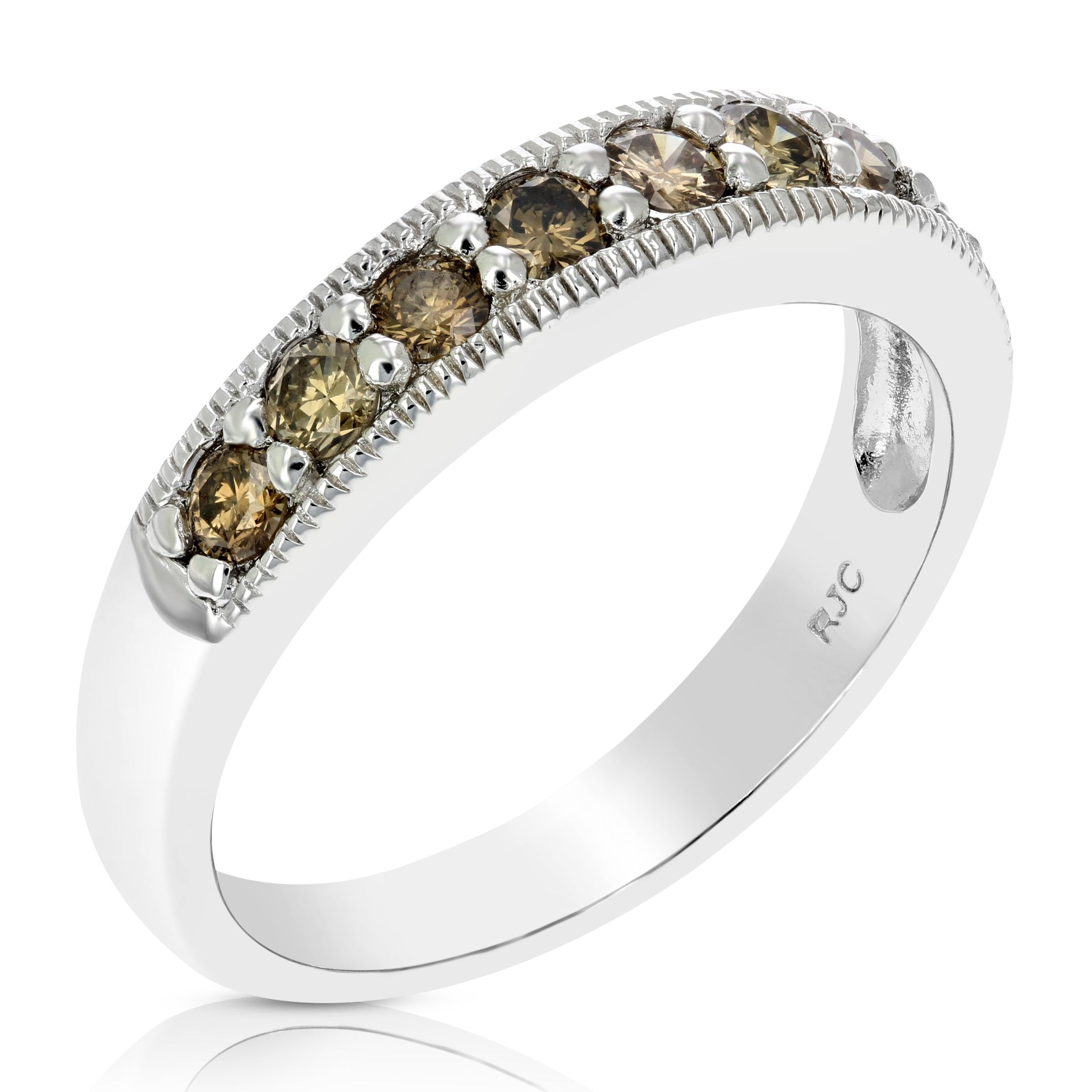 1 cttw Champagne Diamond Wedding Band with Milgrain .925 Sterling Silver Rhodium