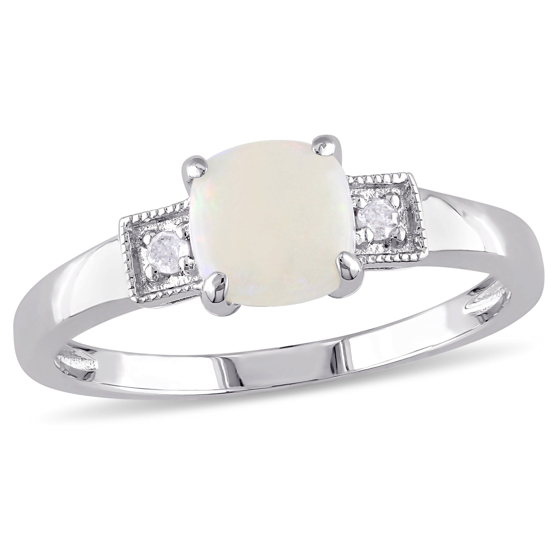 1/2 ct TW Cushion-Cut Opal and Diamond Accent Ring in Sterling Silver