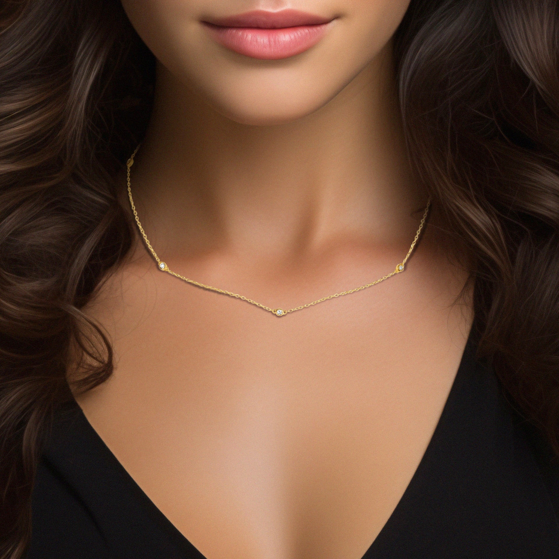 14k Yellow Gold Five Round Lab Grown Diamond Station Necklace