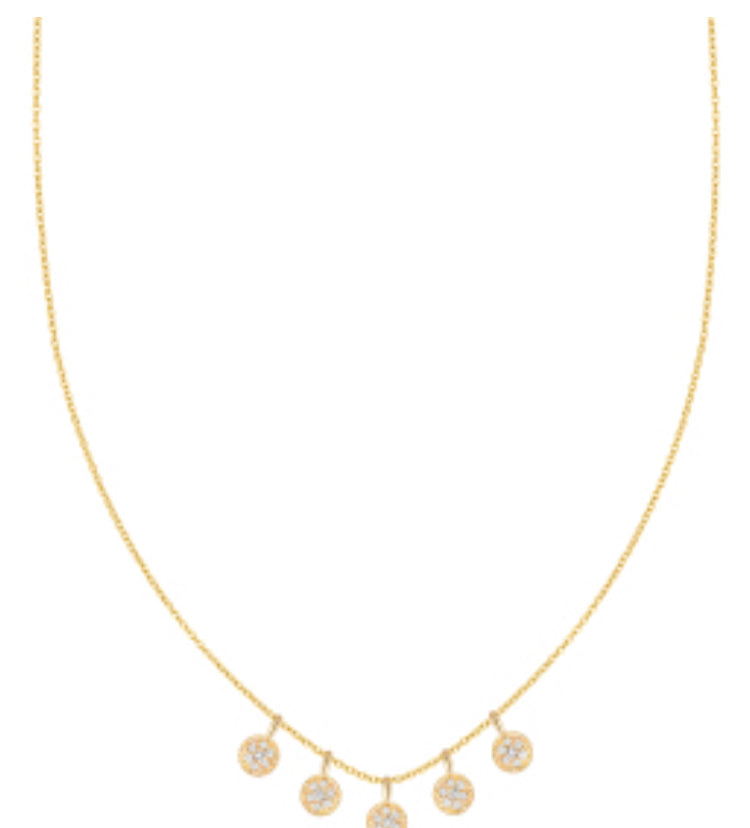 Five Dangle Diamond Disc Necklace Yellow Gold