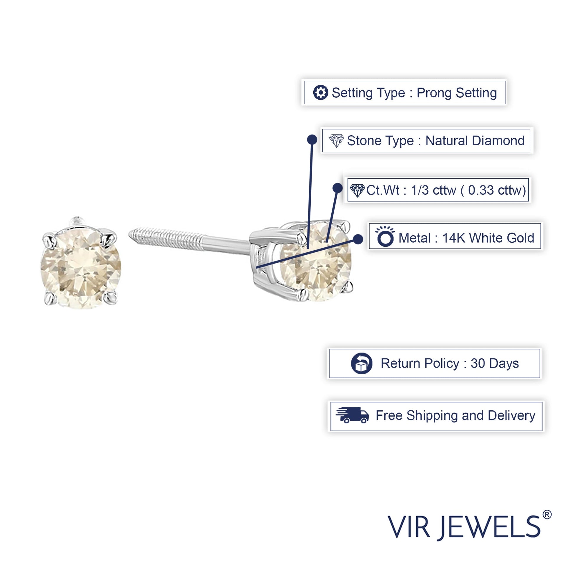 1/3 cttw Champagne Diamond Stud Earrings 14K White Gold Round with Screw Backs