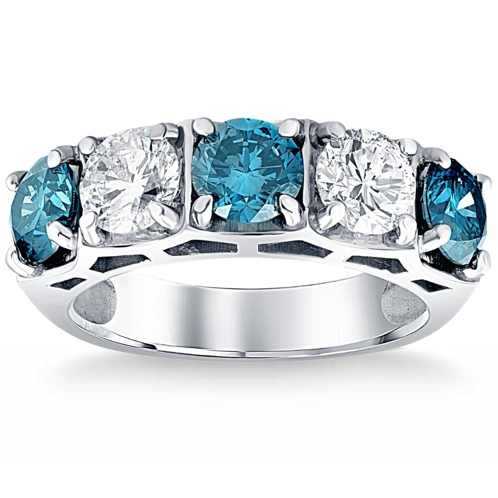 3 1/4 ct Blue Diamond Wedding Ring White Gold Lab Grown Anniversary 5-Stone Band
