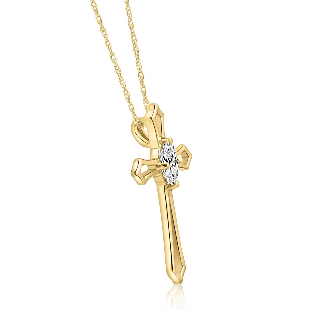 1/3 ct Oval Diamond Cross Solitaire Pendant Yellow Gold Necklace (1' tall)