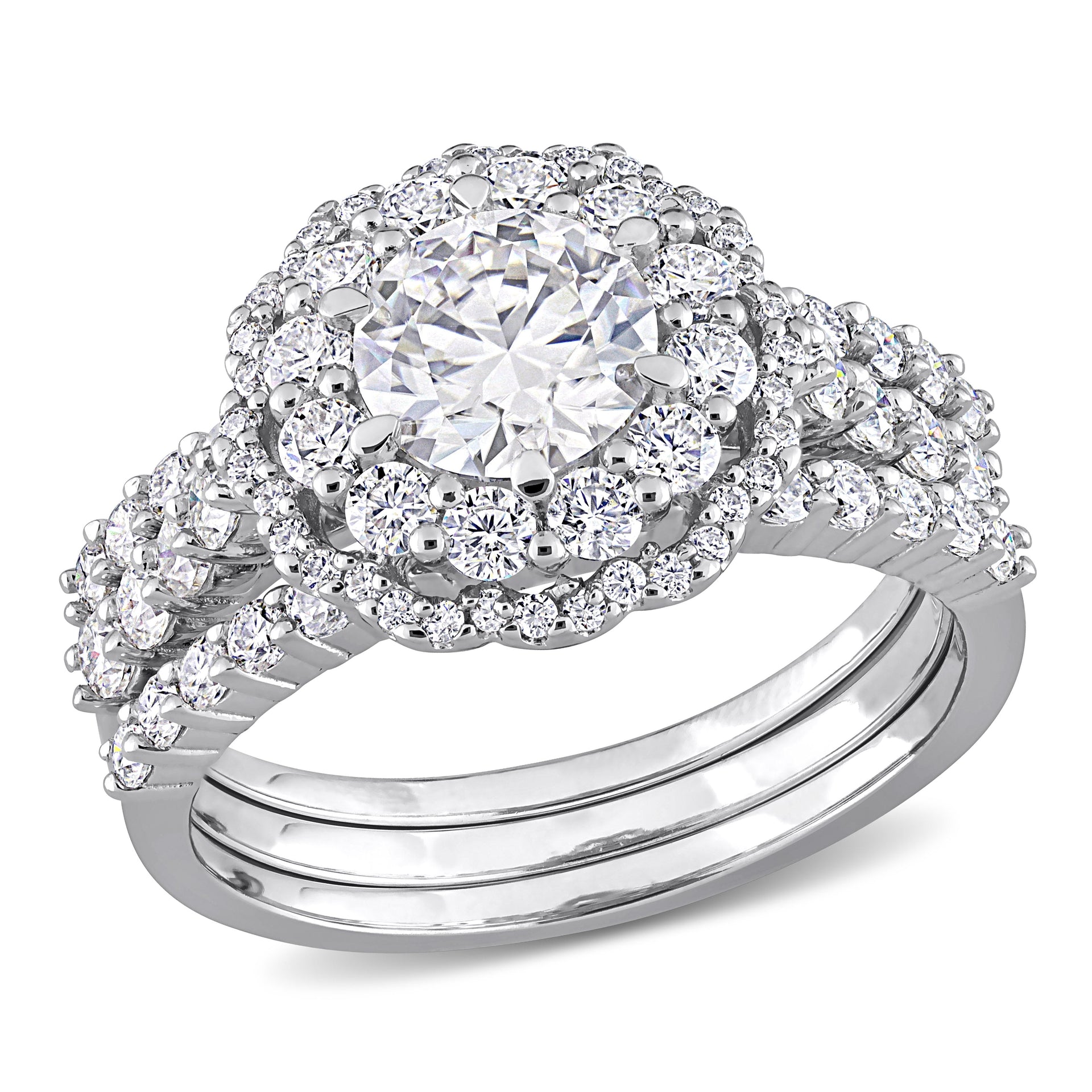 2 ct DEW Created Moissanite Halo Bridal Ring Set in Sterling Silver