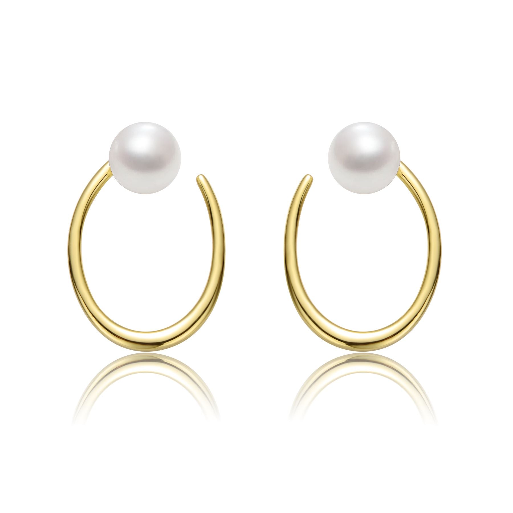 Sterling Silver 14k Yellow Gold Plated with White Pearl Oblong Oval Halo Hoop Dangle Earrings
