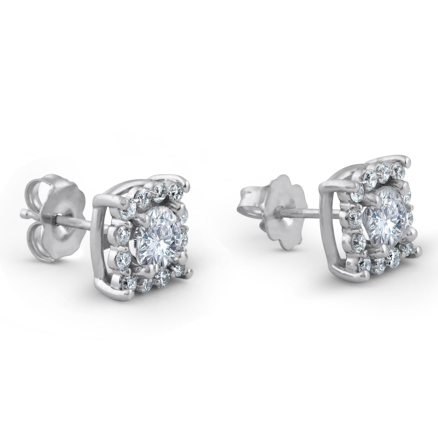 1 3/8 ct Cushion Halo Diamond Studs 14K White Gold