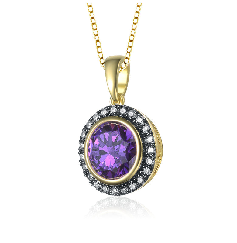 Yellow Gold Plated Round Purple Cubic Zirconia Pendant Necklace