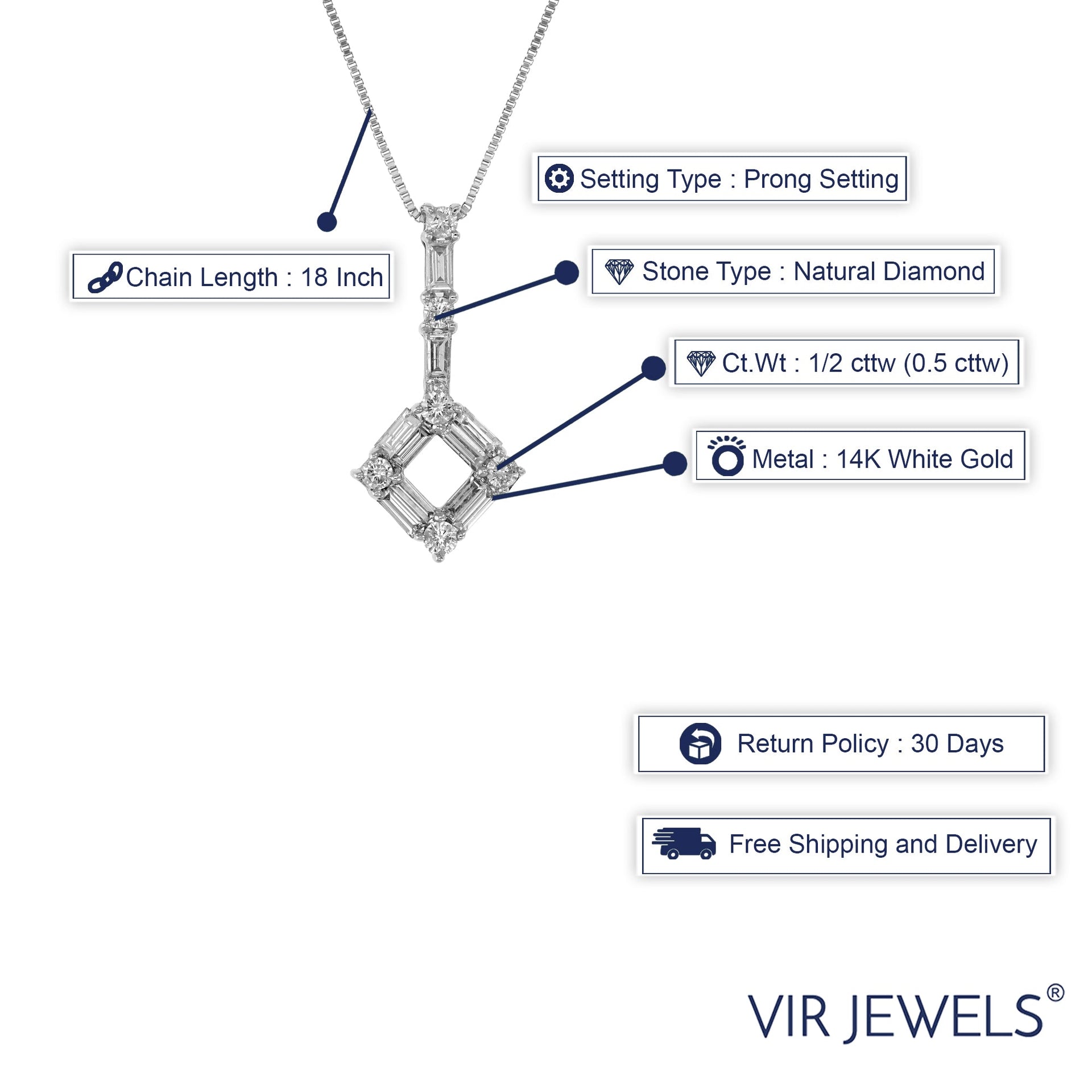 1/2 cttw Diamond Pendant, Diamond Fashion Pendant Necklace for Women in 14K White and Yellow Gold with 18 Inch Chain, Prong Setting