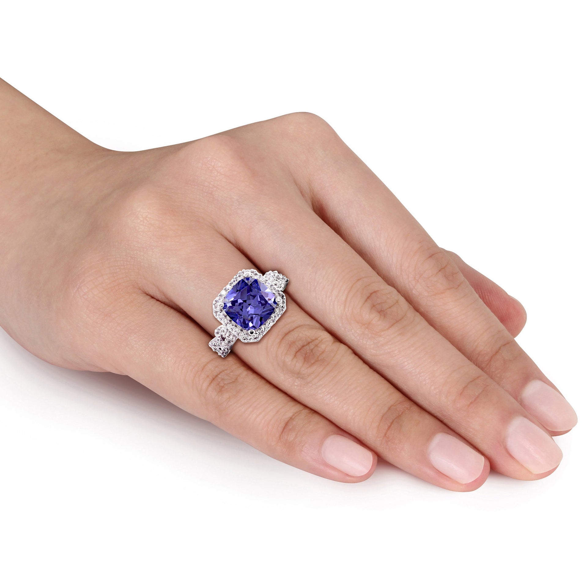 6 3/4 ct TW Cushion-Cut Simulated Tanzanite and Created White Sapphire Halo Ring in Sterling Silver